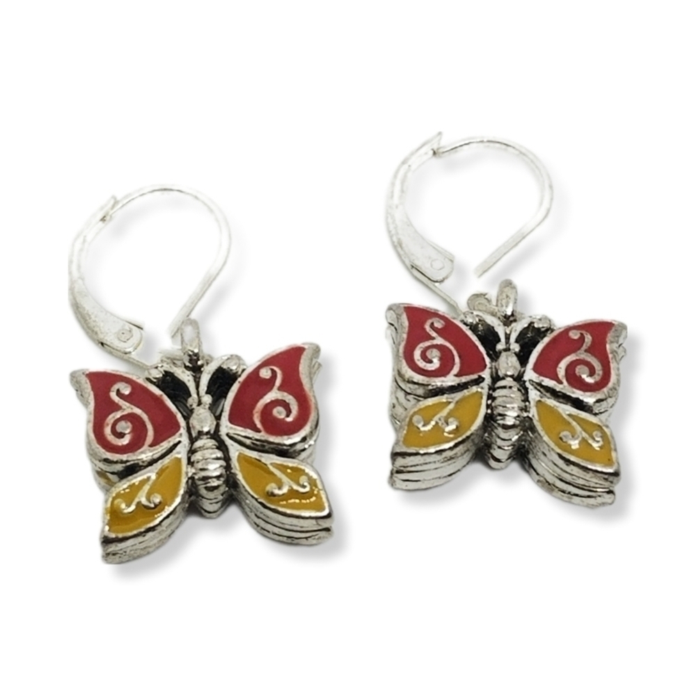 Vintage Enamel Butterfly Dangle Earrings - Silver Tone Red & Yellow - Picture 3 of 6